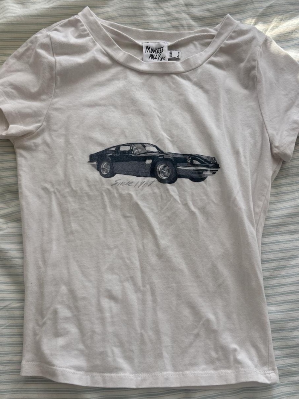 Princess Polly White Short Sleeve Tee with Black Car Graphic